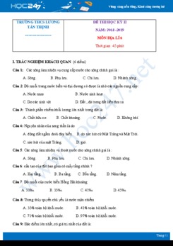 Đề thi HK2 môn Địa lý 6 năm 2019 - Trường THCS Lương Tấn Thịnh có đáp án