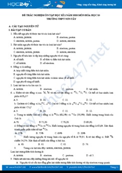 Đề trắc nghiệm ôn tập HK2 năm 2020 môn Hóa học 10 Trường THPT Sơn Tây