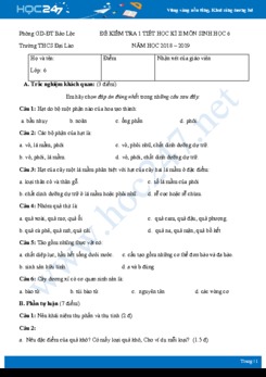 Đề kiểm tra 1 tiết HK2 môn Sinh học 6 năm 2018-2019 - Trường THCS Đại Lào có đáp án