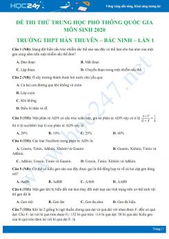 Đề thi thử THPT QG năm 2020 môn Sinh - Trường THPT Hàn Thuyên lần 1 có đáp án