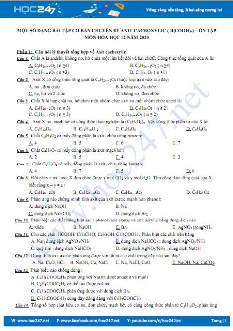 Một Số Dạng Bai Tập Cơ Bản Chuyen đề Axit Cacboxylic R Cooh A On Thi Mon Hoa Học 12 Năm