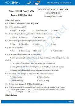 Đề kiểm tra 1 tiết HK2 môn Sinh học 7 năm 2019-2020 - Trường THCS Trà Vinh có đáp án