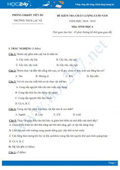Đề kiểm tra HK2 môn Sinh học 6 năm 2018-2019 - Trường THCS Lạc Vệ có đáp án