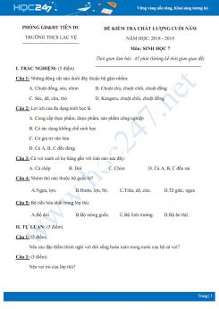 Đề kiểm tra HK2 môn Sinh học 7 năm 2018-2019 - Trường THCS Lạc Vệ có đáp án