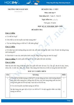 Đề kiểm tra 1 tiết HK2 môn Sinh học 9 năm 2019-2020 - Trường THCS Giáp Sơn có đáp án