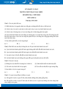 Đề kiểm tra 1 tiết HK2 môn Sinh học 12 năm 2019-2020 - Trường THPT Phan Ngọc Hiển có đáp án