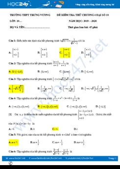 Đề kiểm tra thử chương 4 Đại số 10 năm 2020 Trường THPT Trưng Vương