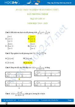 30 câu trắc nghiệm Chuyên đề Bất đẳng thức, bất phương trình Đại số 10 năm học 2019-2020