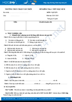 Đề kiểm tra 1 tiết HK2 môn Vật lý 9 trường THCS Trần Văn Thời có đáp án hướng dẫn