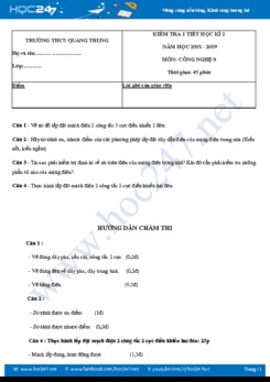 Đề kiểm tra 1 tiết HK2 môn Công Nghệ 9 trường THCS Quang Trung có đáp án