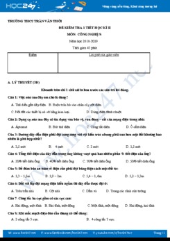Đề kiểm tra 1 tiết HK2 môn Công Nghệ 9 trường THCS Trần Văn Thời có đáp án