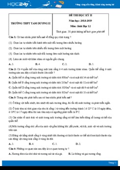 Đề thi HK2 môn Sinh học 12 năm 2018-2019 - Trường THPT Tam Dương II có đáp án