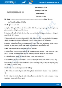 Đề thi HK2 môn Sinh học 12 năm 2018-2019 - Trường THPT Rạch Giá có đáp án