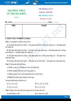 Đề kiểm tra HK2 môn Sinh học 11 năm 2018-2019 - Trường THPT Lê Trung Kiên có đáp án