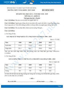 Đề kiểm tra HK2 môn Địa lí lớp 10 năm 2018-2019 - Trường THPT Năng Khiếu TDTT Huyện Bình Chánh có đáp án