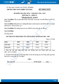 Đề kiểm tra HK2 môn Địa lí lớp 11 năm 2018-2019 - Trường THPT Năng Khiếu TDTT Huyện Bình Chánh có đáp án