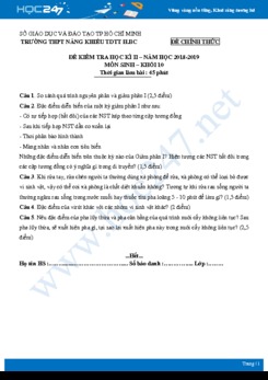 Đề kiểm tra HK2 môn Sinh học lớp 10 năm 2018-2019 - Trường THPT Năng Khiếu TDTT Huyện Bình Chánh có đáp án
