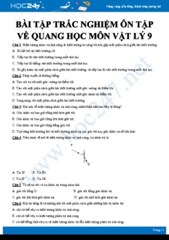 56 bài tập trắc nghiệm ôn tập về Quang học môn Vật lý 9 năm 2020
