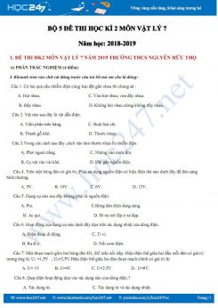 Bộ 5 đề kiểm tra ôn tập HK2 môn Vật lý 7 hay nhất có lời giải chi tiết