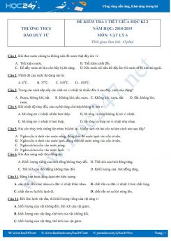 Đề kiểm tra 1 tiết HK2 môn Vật lý 6 trường THCS Đào Duy Từ có đáp án
