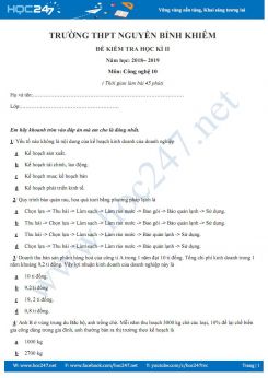 Đề kiểm tra HK2 môn Công Nghệ 10 trường THPT Nguyễn Bỉnh Khiêm có đáp án