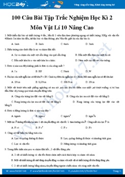 100 câu trắc nghiệm ôn tập chương trình HK2 môn Vật lý 10 năm 2020