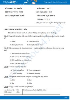 Đề kiểm tra 1 tiết thực hành HK2 môn Sinh học 8 năm 2018-2019 - Trường PTDTN-THPT Huyện Điện Biên Đông có đáp án