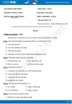 Đề kiểm tra 1 tiết thực hành HK2 môn Sinh học 8 năm 2020 - Trường PTDTN-THPT Huyện Điện Biên Đông có đáp án