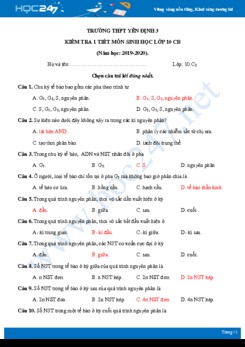 Đề kiểm tra 1 tiết HK2 môn Sinh học 10 ban cơ bản năm 2019-2020 - Trường THPT Yên Định 3 có đáp án