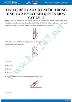 Tính chiều cao cột nước trong ống và áp suất khí quyển môn Vật lý 10 năm 2020