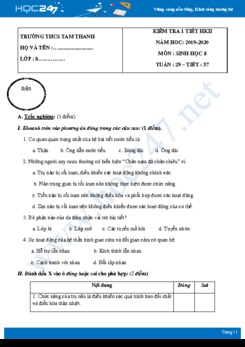 Đề kiểm tra ôn tập 1 tiết HK2 môn Sinh học 8 năm 2019-2020 - Trường THCS Tam Thanh có lời giải chi tiết