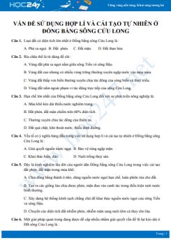 34 Câu hỏi trắc nghiệm ôn tập chủ đề Vấn đề sử dụng hợp lí và cải tạo tự nhiên ở đồng bằng sông cửu long Địa lí 12 có đáp án