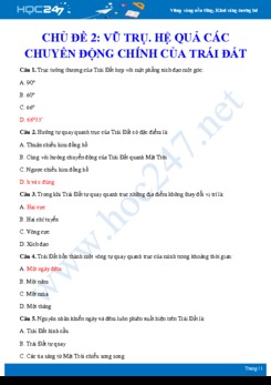 16 Câu hỏi trắc nghiệm ôn tập chủ đề Vũ trụ - Hệ quả các chuyển động chính của Trái đất Địa lí 10 có đáp án
