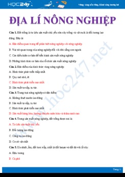 27 Câu hỏi trắc nghiệm ôn tập chuyên đề Địa lí nông nghiệp Địa lí 10 có đáp án