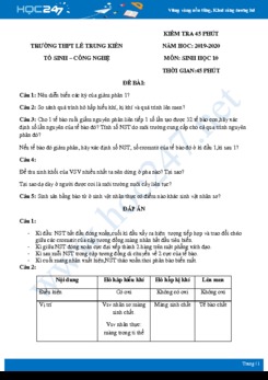 Đề kiểm tra 45 phút HK2 môn Sinh học 10 năm 2019-2020 - Trường THPT Lê Trung Kiên có đáp án