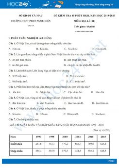 Đề kiểm tra 45 phút HK2 môn Địa lí 11 năm 2019-2020 - Trường THPT Phan Ngọc Hiển có đáp án