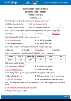 Đề kiểm tra ôn tập HK2 môn Địa lí 11 năm 2019-2020 - Trường THPT Lê Hồng Phong có đáp án