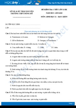 Đề kiểm tra 1 tiết Chương III môn Sinh học 11 năm 2020 - Trường THPT Đồng Hỷ có đáp án