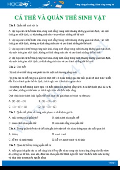 Câu hỏi trắc nghiệm ôn tập chủ đề Cá thể và quần thể sinh vật Sinh học 9 có đáp án