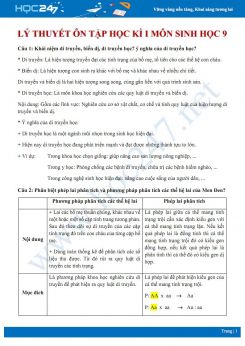 Lý thuyết ôn tập HK1 môn Sinh học 9 năm 2020 - Trường THCS Lương Tấn Thịnh