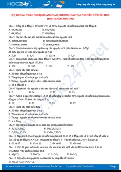 Bộ 100 câu trắc nghiệm nâng cao ôn tập chương nguyên tử môn Hóa học 10 năm 2020