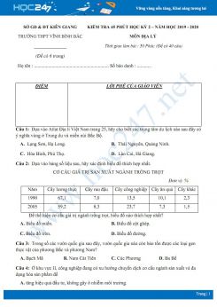 Đề kiểm tra 45 phút HK2 môn Địa lí 12 năm 2019-2020 - Trường THPT Vĩnh Bình Bắc có đáp án