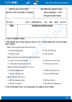 Đề kiểm tra 1 tiết HK2 môn Sinh học 7 năm 2019-2020 - Trường THCS Nguyễn Cư trinh có đáp án