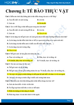Bài tập trắc nghiệm ôn tập chương I-Tế bào thực vật Sinh học 6 có đáp án