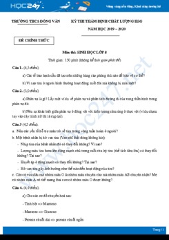 Đề thi HSG môn Sinh học 8 năm 2019-2020 - Trường THCS Đồng Văn có đáp án