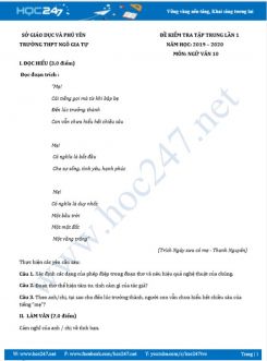 Đề kiểm tra tập trung lần 1 năm 2020 môn Ngữ Văn 10 - Trường THPT Ngô Gia Tự