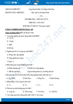 Đề kiểm tra 1 tiết HK2 môn Địa lí 9 năm 2019-2020 - Trường THCS Hiệp Đức có đáp án