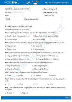 Đề kiểm tra ôn tập 1 tiết HK2 môn Địa lí 7 năm 2019-2020 - Trường THCS Trưng Vương có đáp án