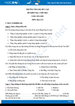 Đề kiểm tra ôn tập 1 tiết HK2 môn Địa lí 8 năm 2019-2020 - Trường THCS Hà Huy Tập có đáp án