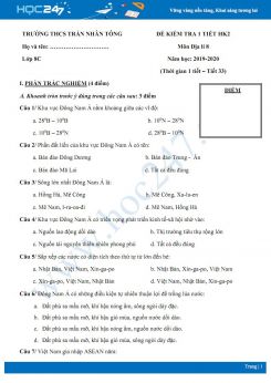 Đề kiểm tra 1 tiết HK2 môn Địa lí 8 năm 2019-2020 - Trường THCS Trần Nhân Tông có đáp án